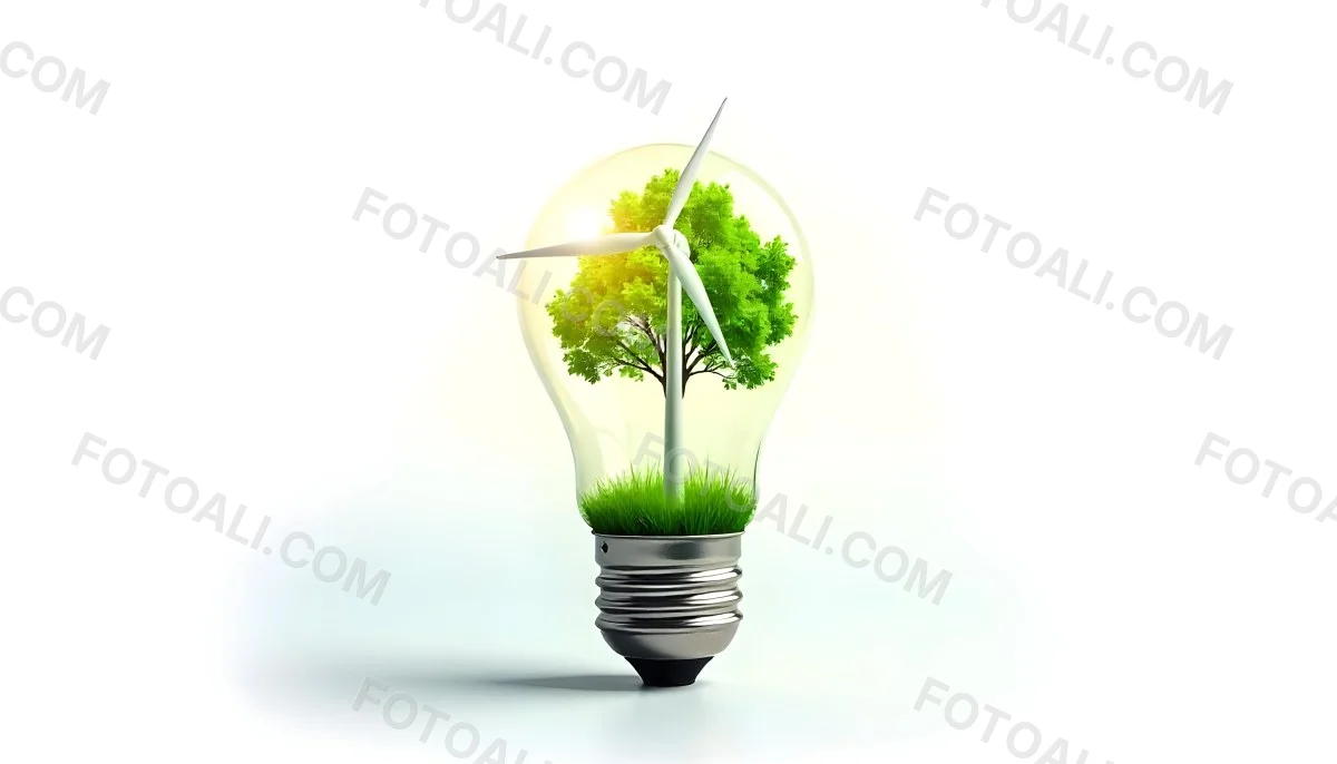 Light Bulb With Solar Panel On Top A Wind Turbine And A Tree Inside Green Grass White Background 7 De30