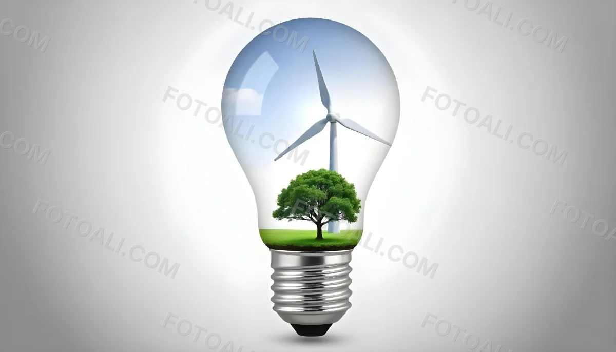 Light Bulb With Solar Panel On Top A Wind Turbine And A Tree Inside Green Grass White Background 8 186c