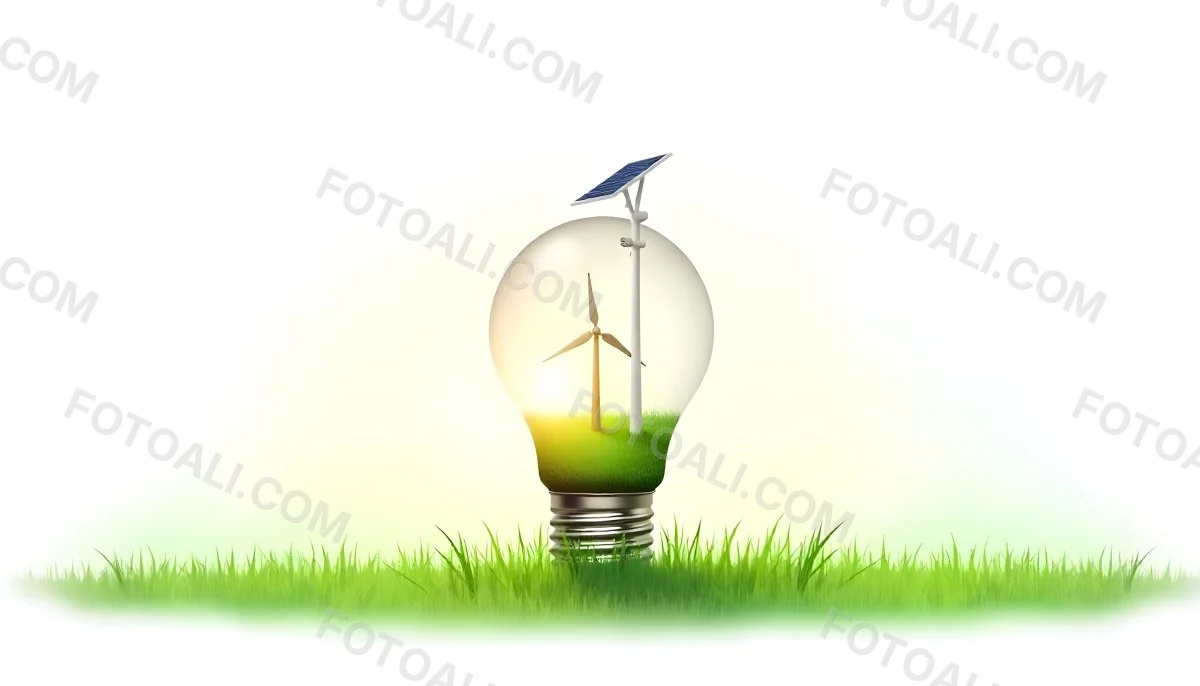 Light Bulb With Solar Panel On Top A Wind Turbine And A Tree Inside Green Grass White Background 9 70ed