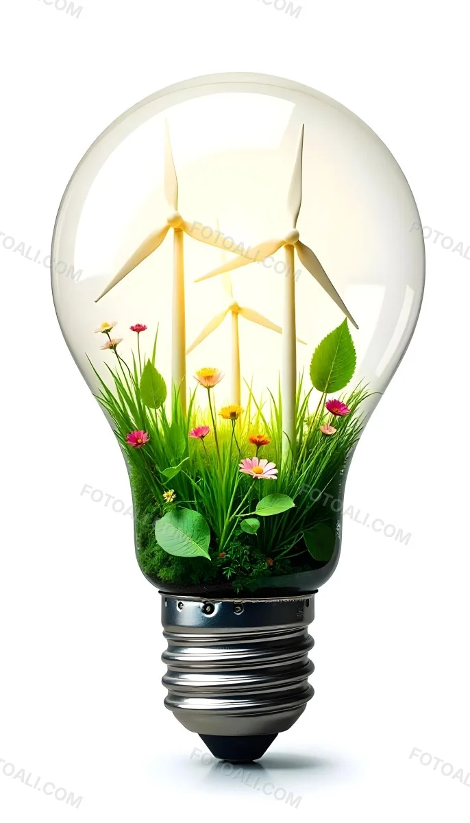 Light Bulb With Solar Panels Wind Turbines Grass Flowers And Leaves Inside White Background 136 Afe0