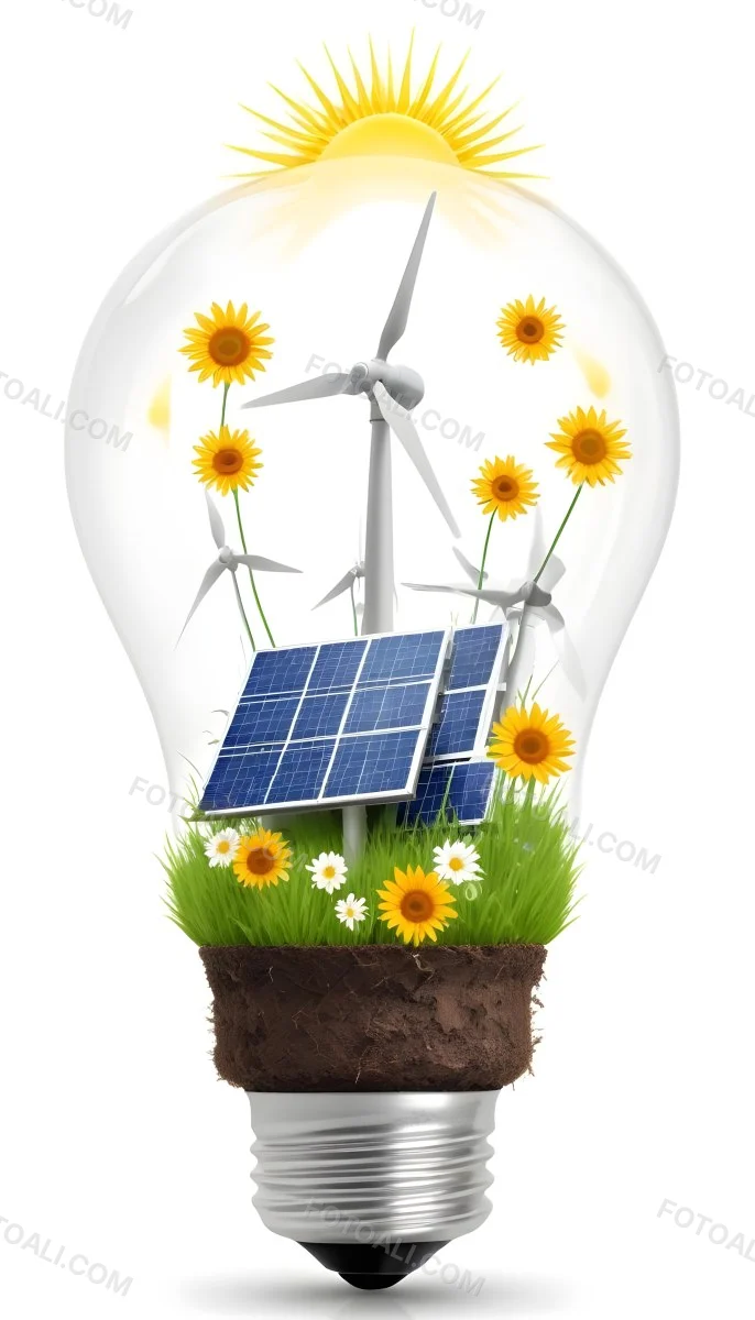 Light Bulb With Solar Panels Wind Turbines Grass Flowers And Leaves Inside White Background 139 514f