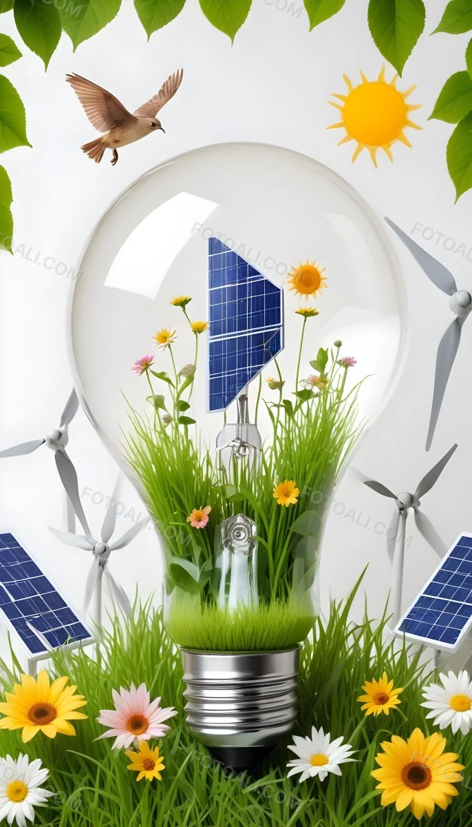 Light Bulb With Solar Panels Wind Turbines Grass Flowers And Leaves Inside White Background 145 Ff08