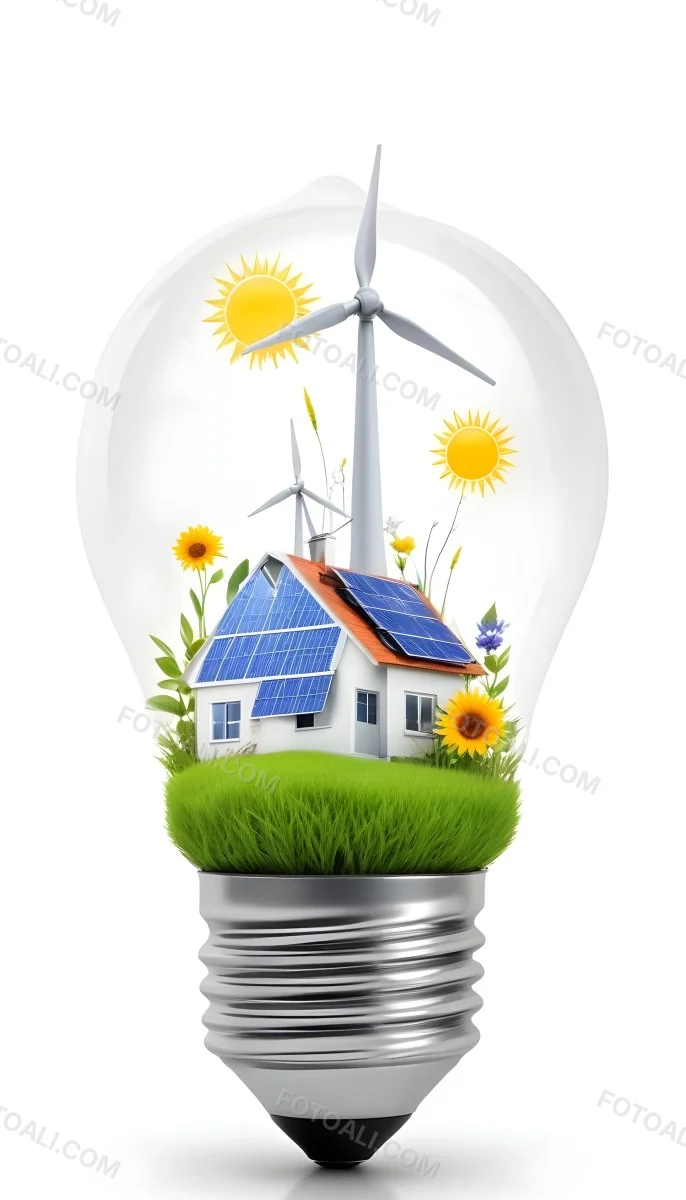 Light Bulb With Solar Panels Wind Turbines Grass Flowers And Leaves Inside White Background 147 Fdde