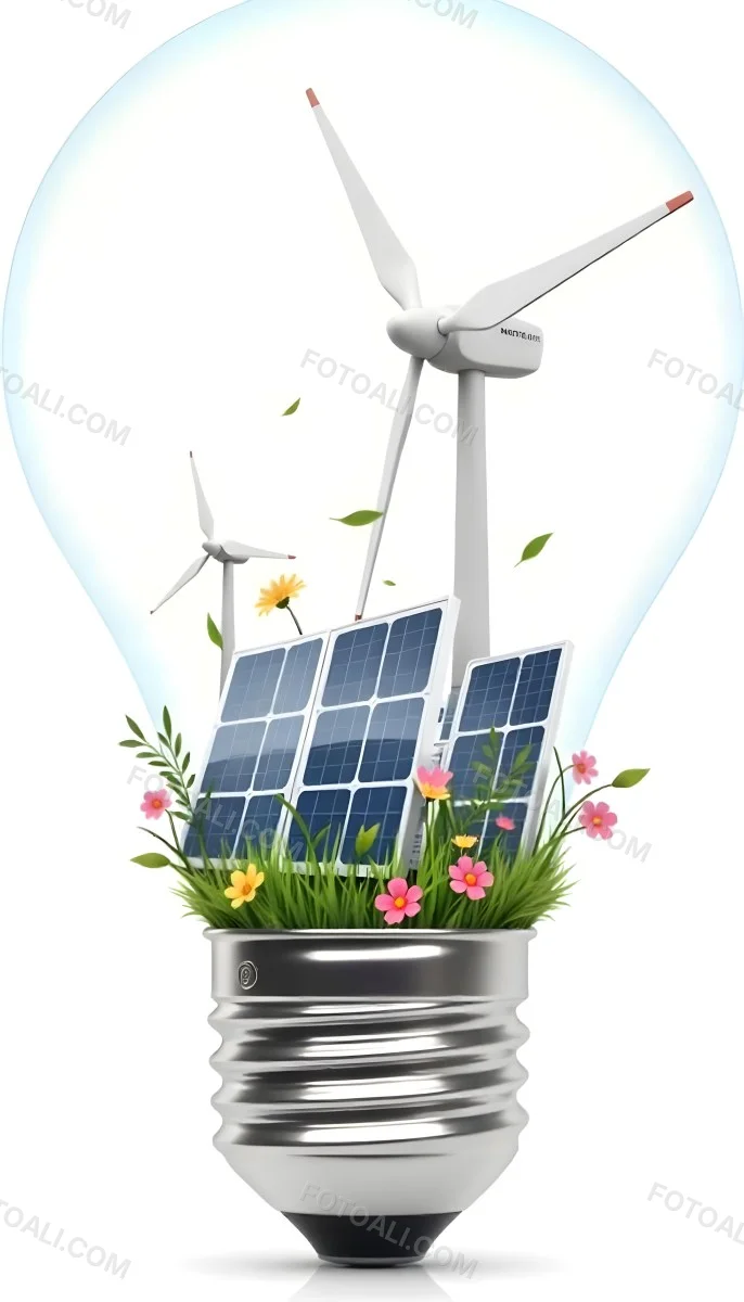 Light Bulb With Solar Panels Wind Turbines Grass Flowers And Leaves Inside White Background 150 0b80