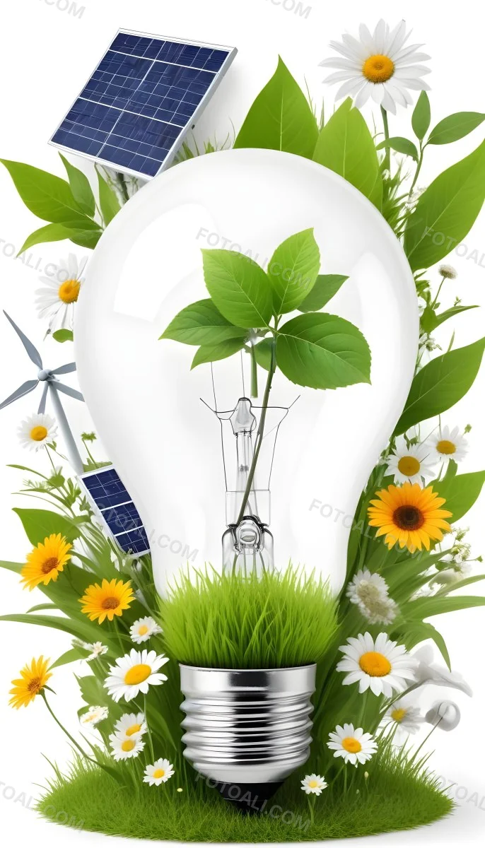 Light Bulb With Solar Panels Wind Turbines Grass Flowers And Leaves Inside White Background 151 5ffe