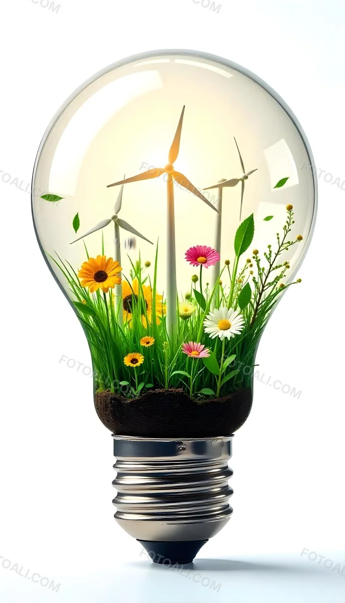 Light Bulb With Solar Panels Wind Turbines Grass Flowers And Leaves Inside White Background 82 7fe8