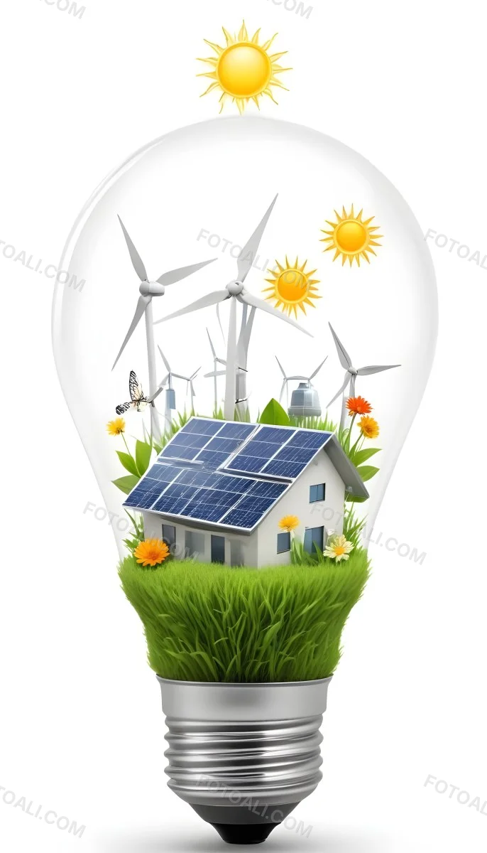 Light Bulb With Solar Panels Wind Turbines Grass Flowers And Leaves Inside White Background 87 9a2a
