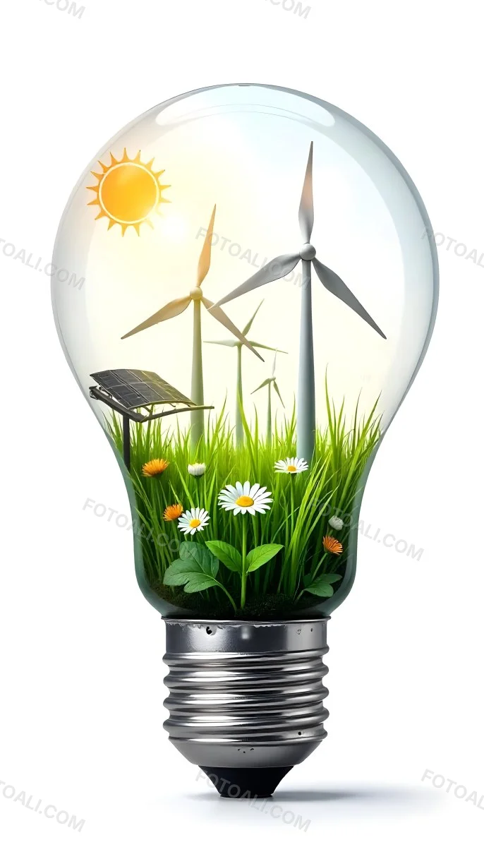 Light Bulb With Solar Panels Wind Turbines Grass Flowers And Leaves Inside White Background 96 F724