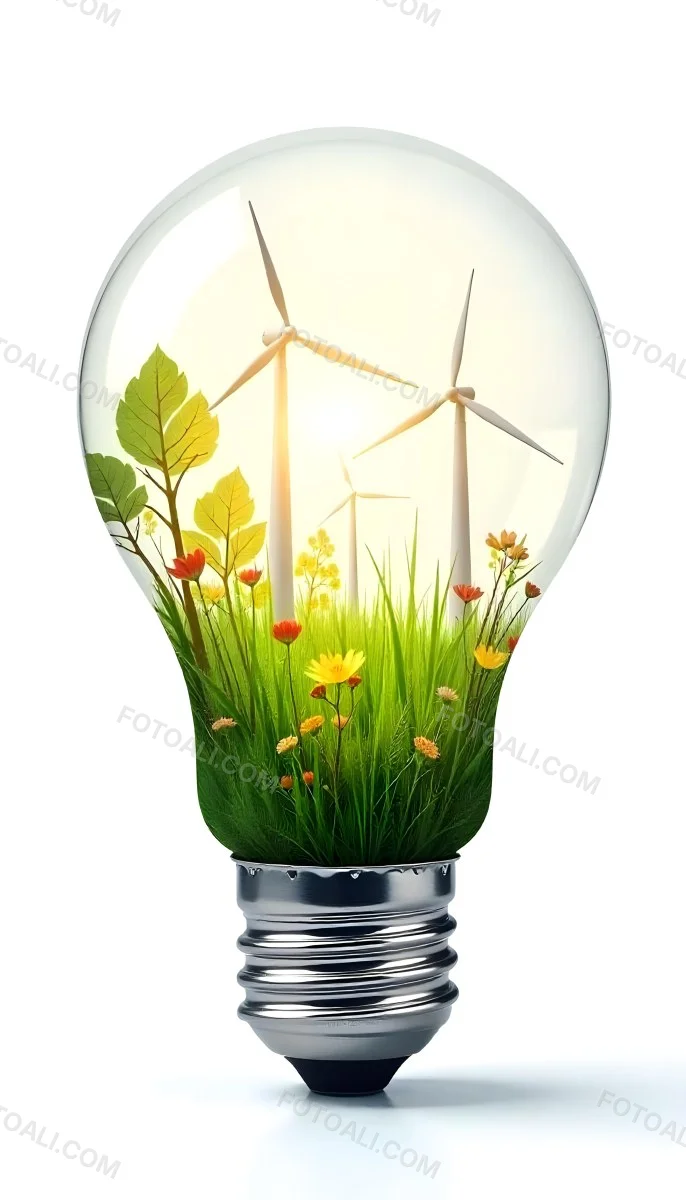 Light Bulb With Solar Panels Wind Turbines Grass Flowers And Leaves Inside White Background 98 Dfb4