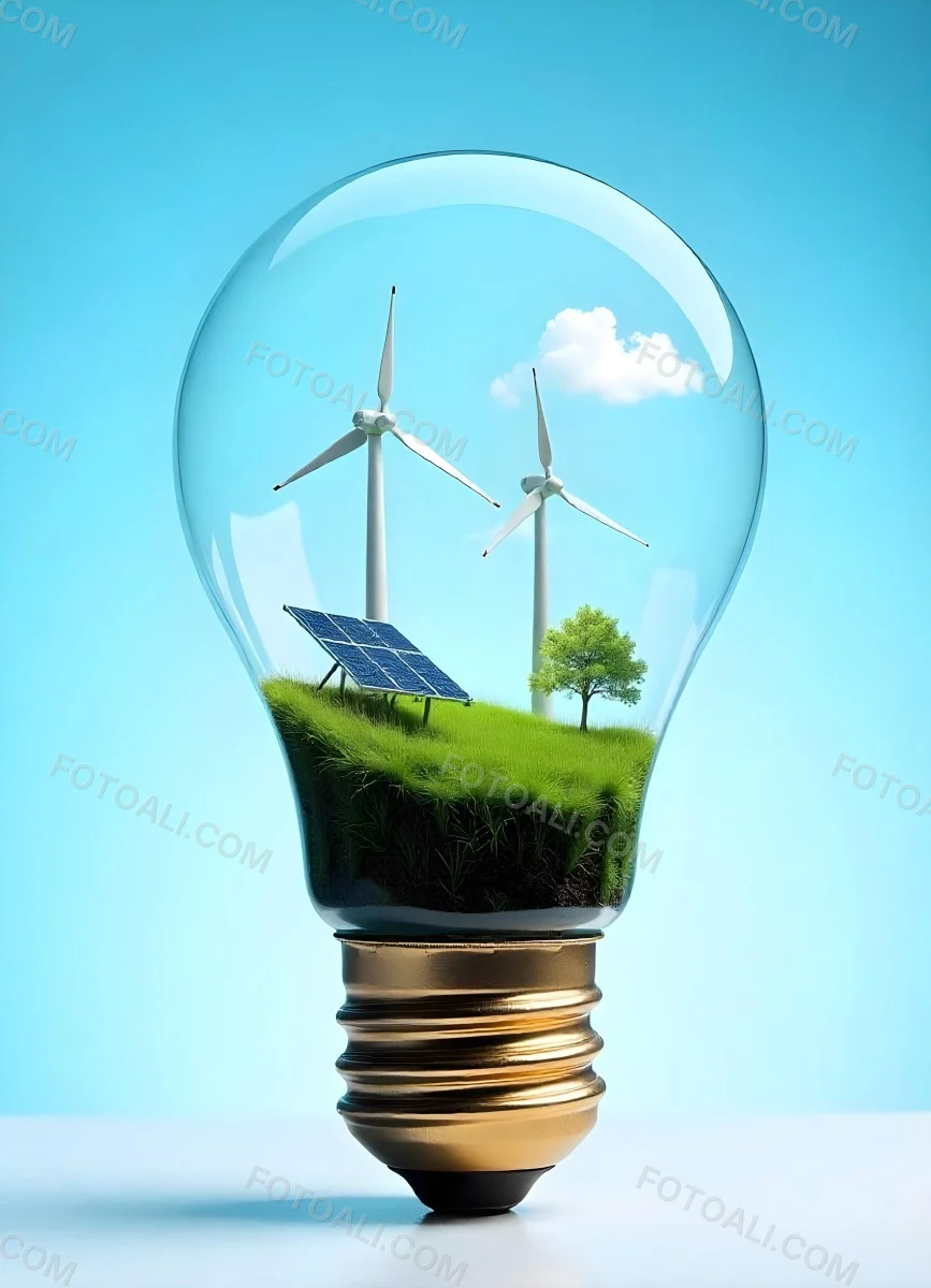 Light Bulb With Wind Turbines Solar Panels Tree And Grass Inside The Base Of The Bulb Is Brown Blue Sky Background 10 A8ec