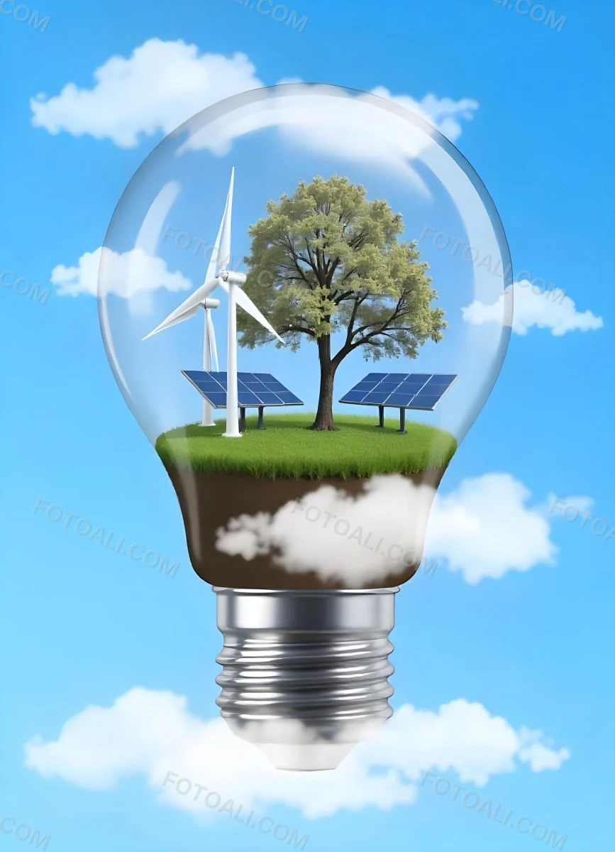Light Bulb With Wind Turbines Solar Panels Tree And Grass Inside The Base Of The Bulb Is Brown Blue Sky Background 14 F90d