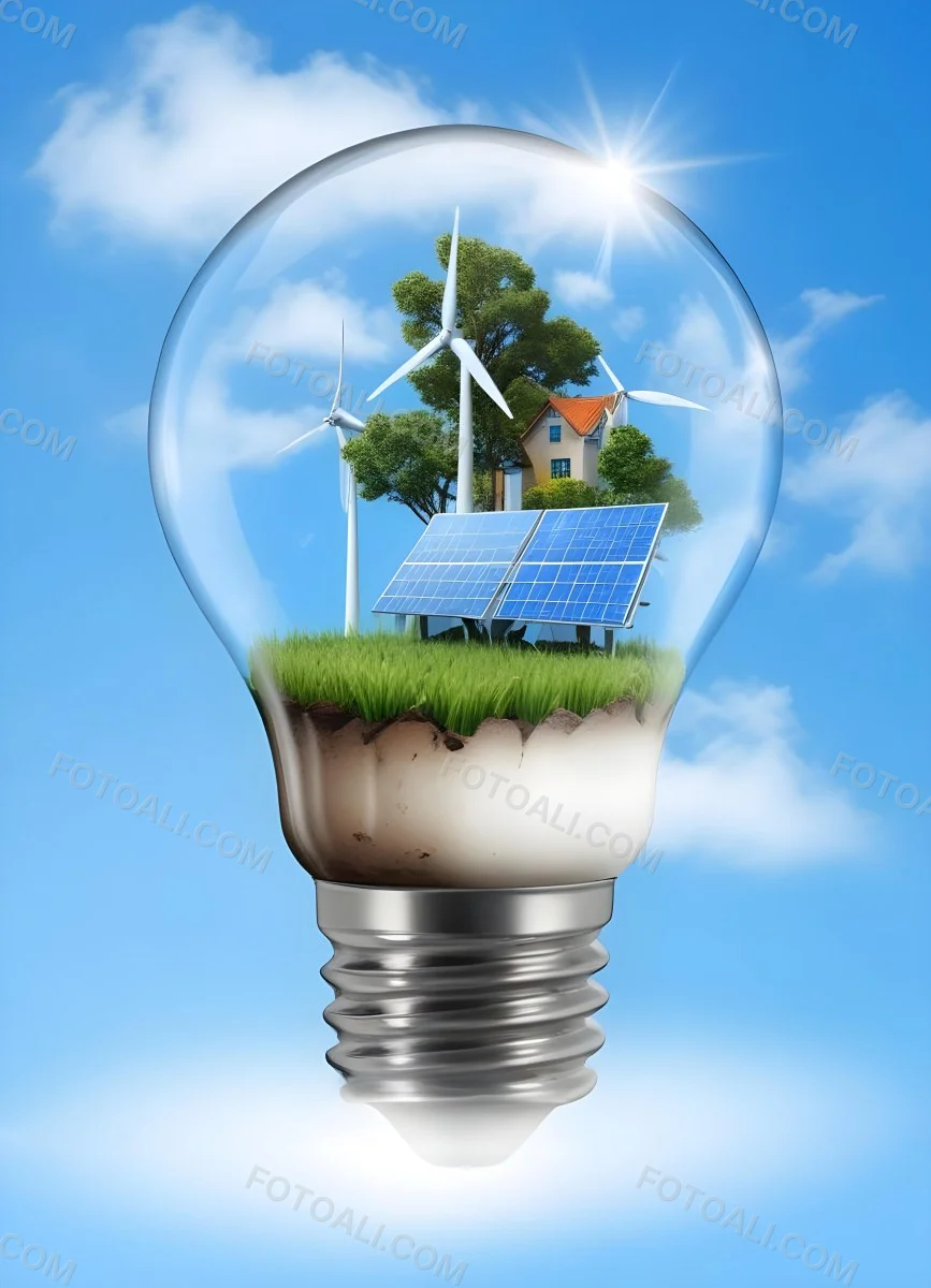 Light Bulb With Wind Turbines Solar Panels Tree And Grass Inside The Base Of The Bulb Is Brown Blue Sky Background 42 117d