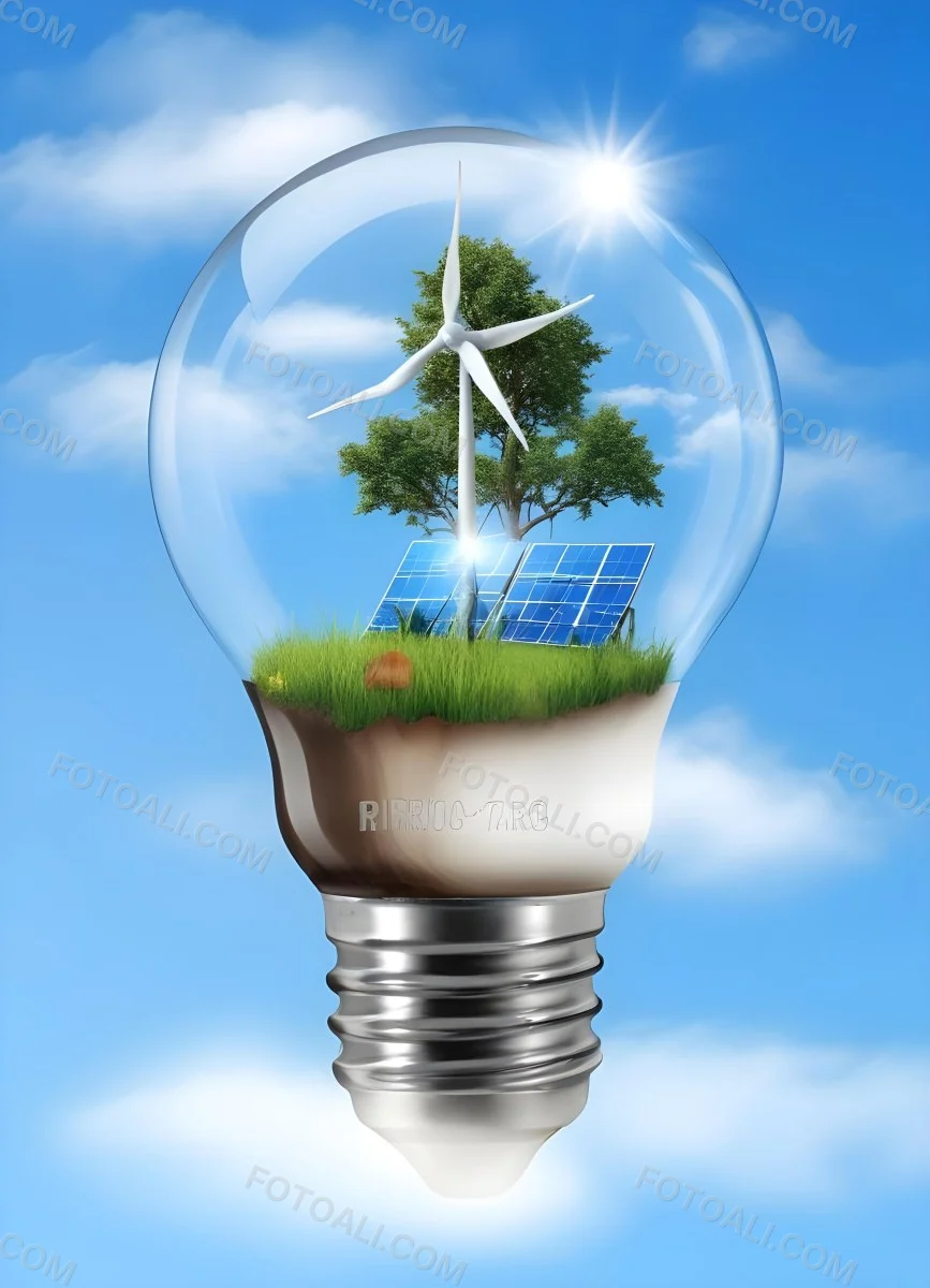 Light Bulb With Wind Turbines Solar Panels Tree And Grass Inside The Base Of The Bulb Is Brown Blue Sky Background 44 Adb5