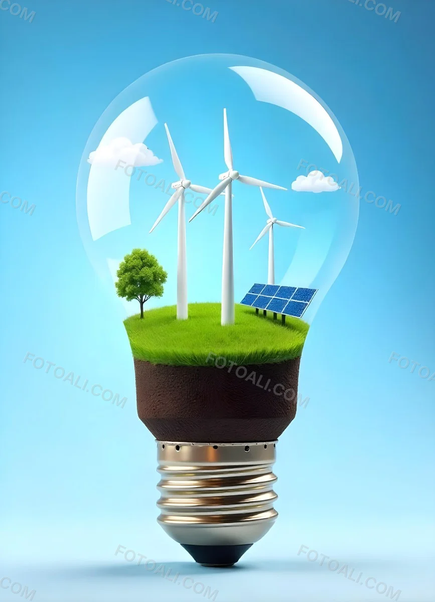 Light Bulb With Wind Turbines Solar Panels Tree And Grass Inside The Base Of The Bulb Is Brown Blue Sky Background 48 7cd7