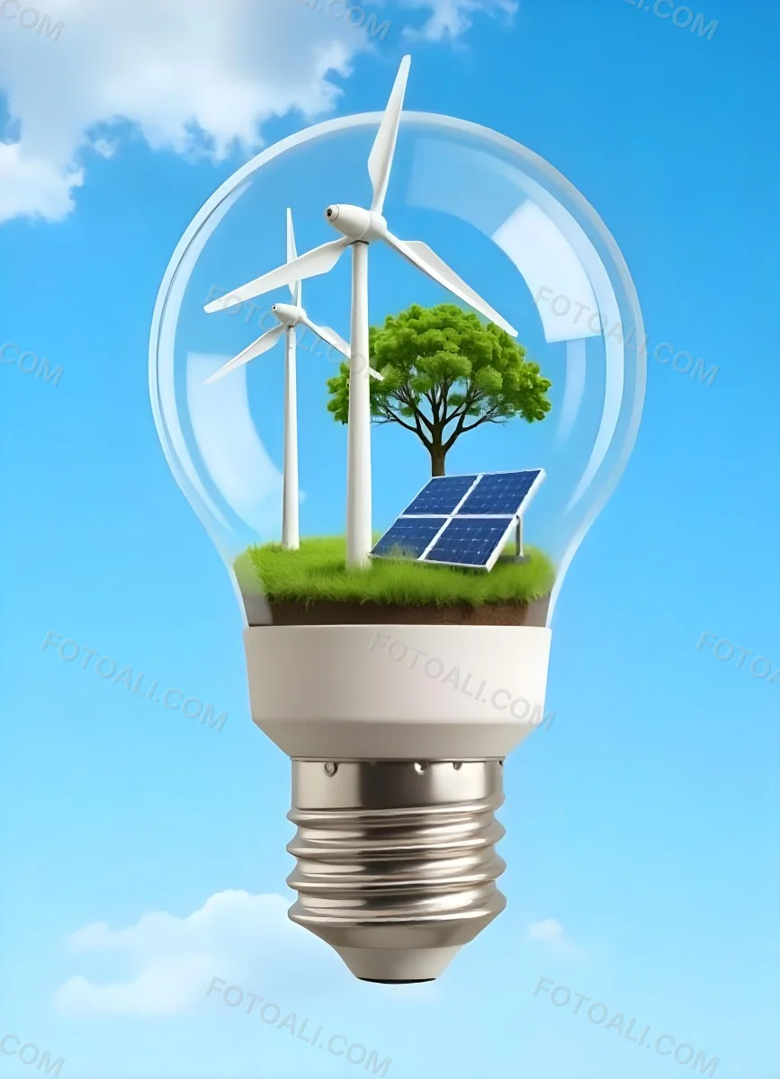 Light Bulb With Wind Turbines Solar Panels Tree And Grass Inside The Base Of The Bulb Is Brown Blue Sky Background 5 55dc