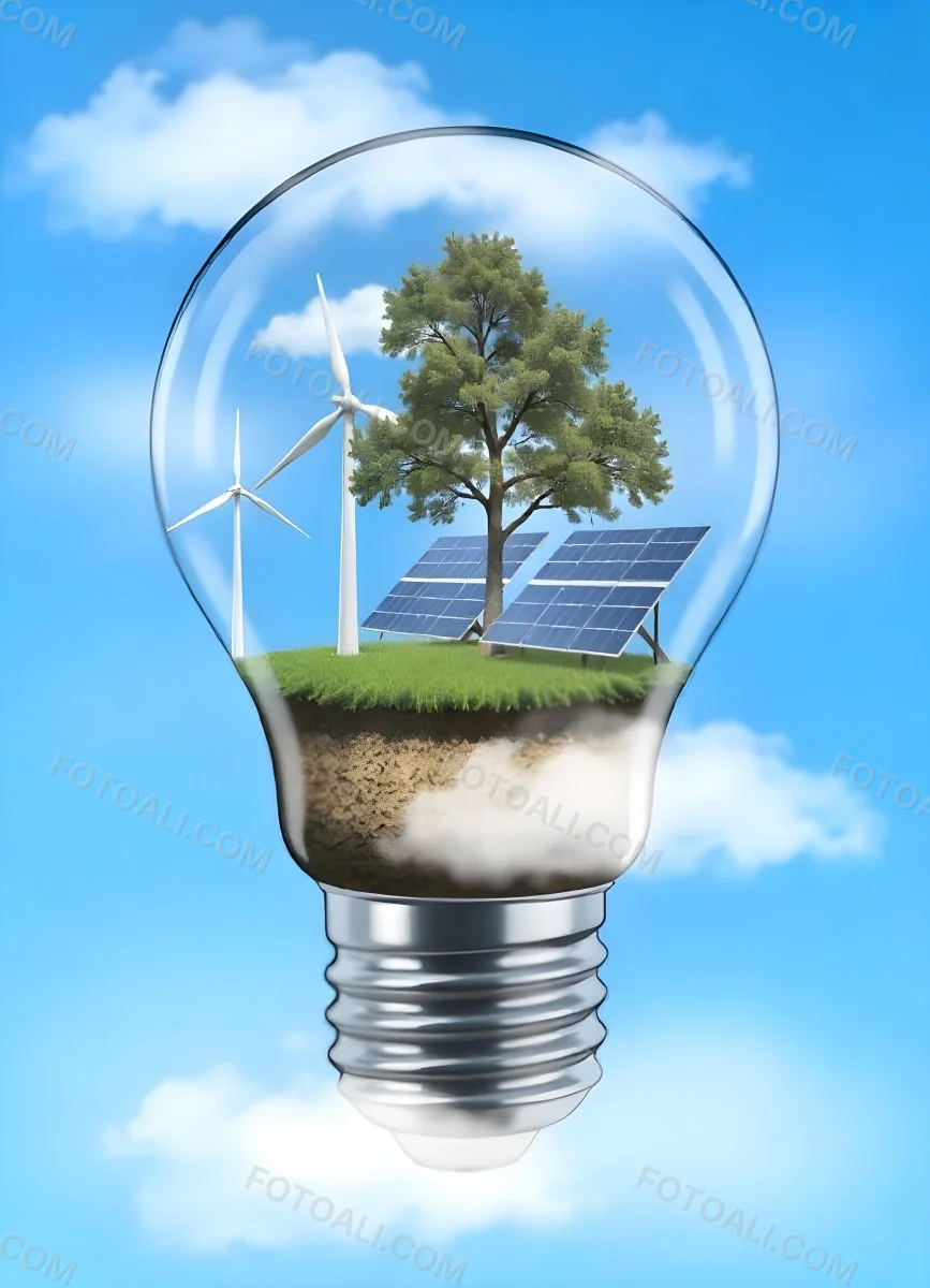 Light Bulb With Wind Turbines Solar Panels Tree And Grass Inside The Base Of The Bulb Is Brown Blue Sky Background 70 Ef16