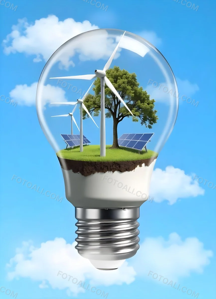 Light Bulb With Wind Turbines Solar Panels Tree And Grass Inside The Base Of The Bulb Is Brown Blue Sky Background 74 74a1