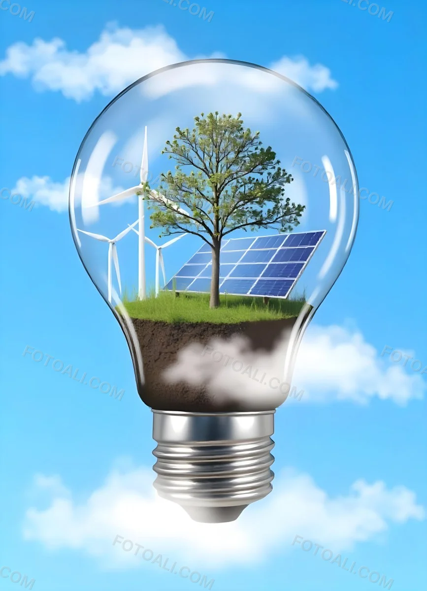 Light Bulb With Wind Turbines Solar Panels Tree And Grass Inside The Base Of The Bulb Is Brown Blue Sky Background 78 Deab