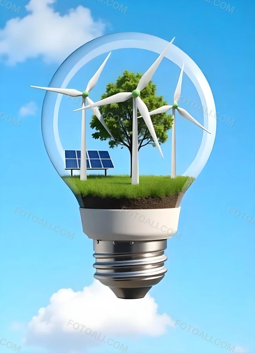 Light Bulb With Wind Turbines Solar Panels Tree And Grass Inside The Base Of The Bulb Is Brown Blue Sky Background 8 B007