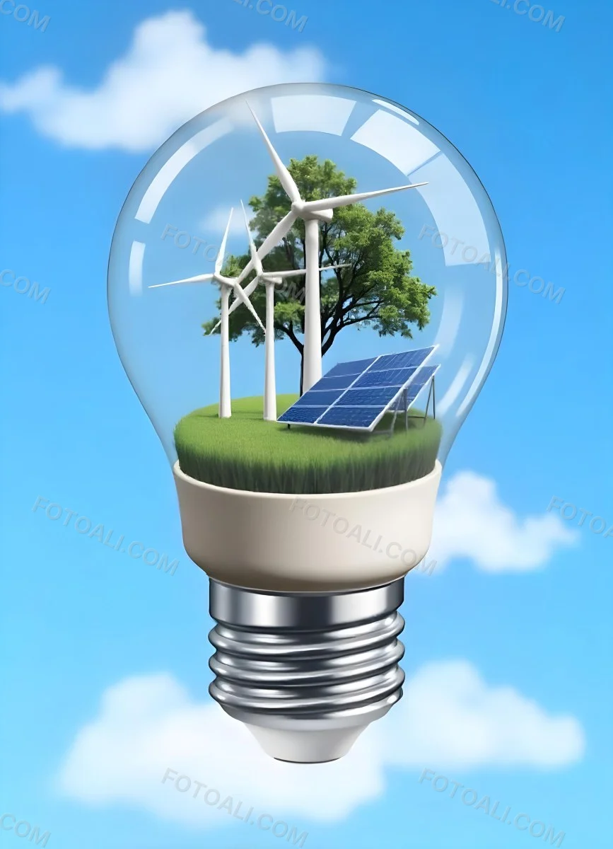 Light Bulb With Wind Turbines Solar Panels Tree And Grass Inside The Base Of The Bulb Is Brown Blue Sky Background 83 3b4d
