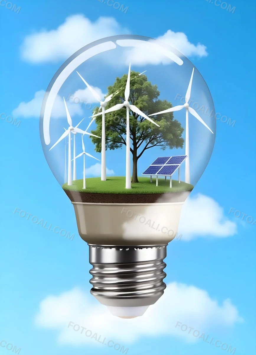 Light Bulb With Wind Turbines Solar Panels Tree And Grass Inside The Base Of The Bulb Is Brown Blue Sky Background 84 0de0