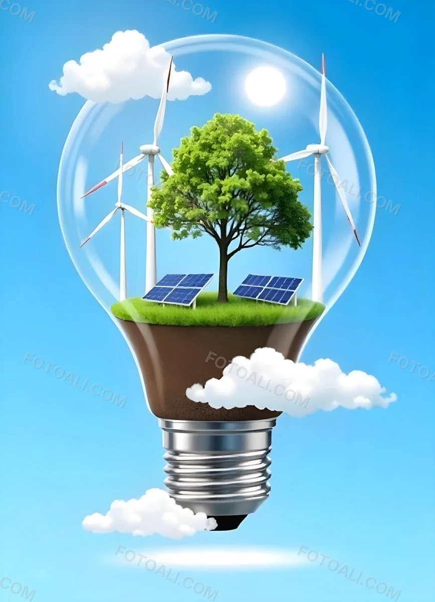 Light Bulb With Wind Turbines Solar Panels Tree And Grass Inside The Base Of The Bulb Is Brown Blue Sky Background 85 8216