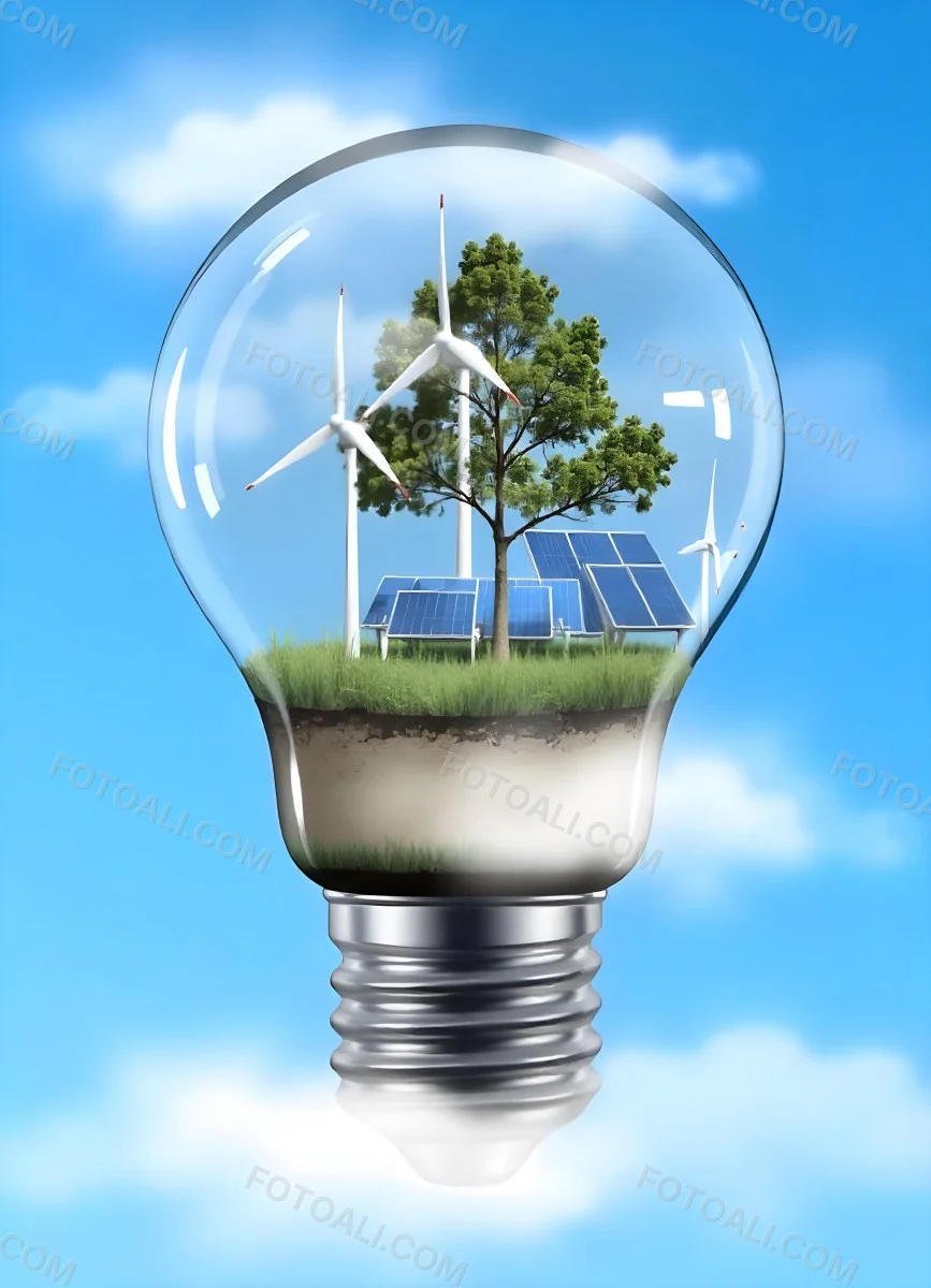 Light Bulb With Wind Turbines Solar Panels Tree And Grass Inside The Base Of The Bulb Is Brown Blue Sky Background 86 658b