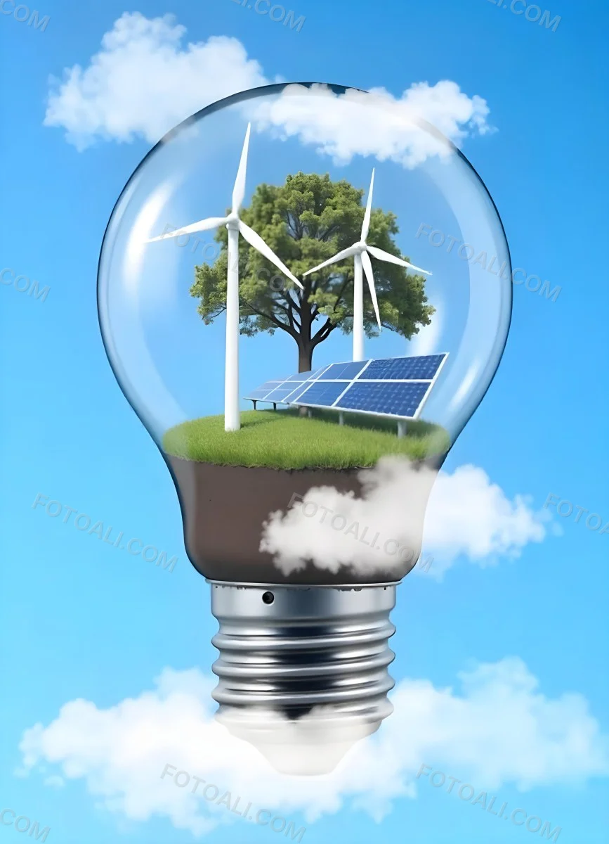 Light Bulb With Wind Turbines Solar Panels Tree And Grass Inside The Base Of The Bulb Is Brown Blue Sky Background 89 2755