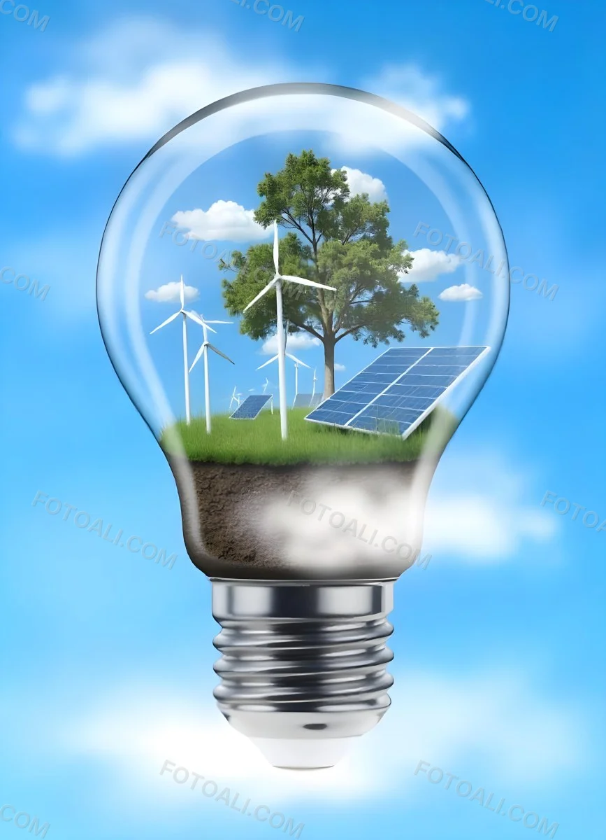 Light Bulb With Wind Turbines Solar Panels Tree And Grass Inside The Base Of The Bulb Is Brown Blue Sky Background 90 D710