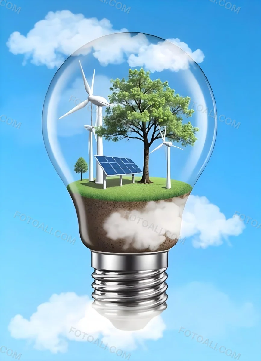 Light Bulb With Wind Turbines Solar Panels Tree And Grass Inside The Base Of The Bulb Is Brown Blue Sky Background 91 373f