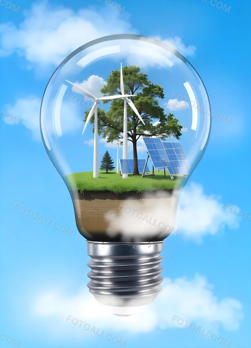 Light Bulb With Wind Turbines Solar Panels Tree And Grass Inside The Base Of The Bulb Is Brown Blue Sky Background 92 B1eb