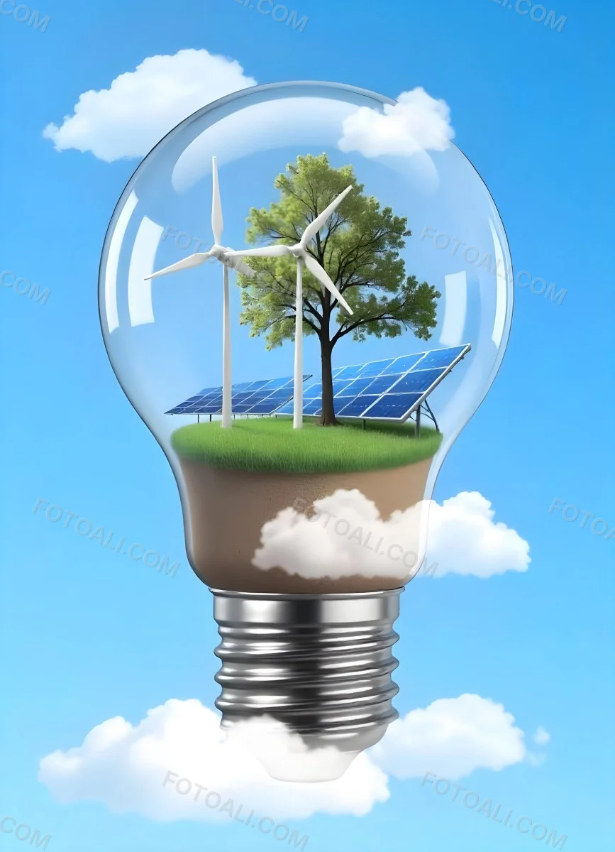 Light Bulb With Wind Turbines Solar Panels Tree And Grass Inside The Base Of The Bulb Is Brown Blue Sky Background 93 91a8
