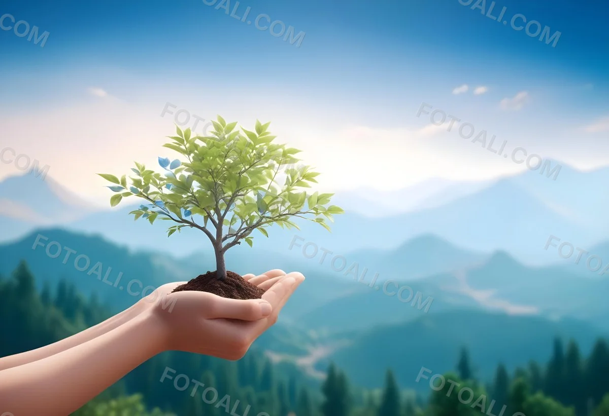 Light Skinned Hands Holding A Small Tree With Blue Leaves And Brown Soil Soft Focus Background With Mountains And Blue Sky 11 Ca66