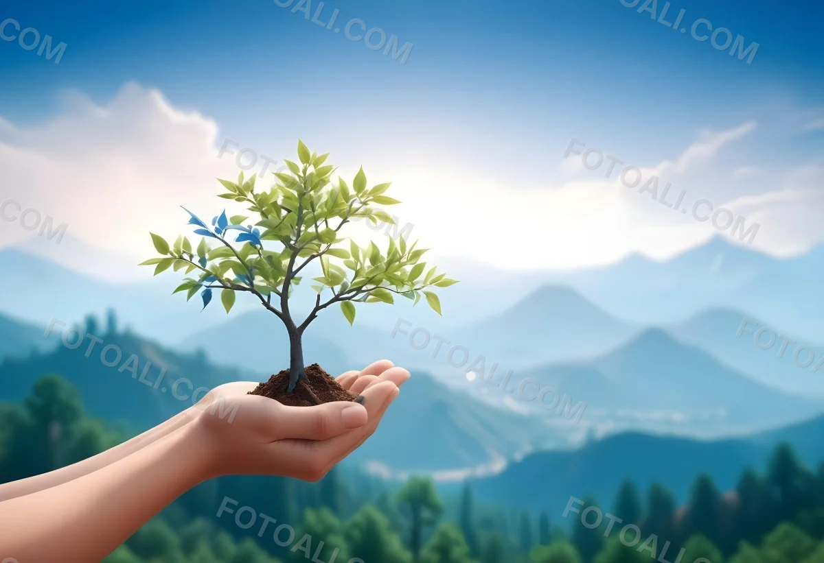 Light Skinned Hands Holding A Small Tree With Blue Leaves And Brown Soil Soft Focus Background With Mountains And Blue Sky 13 8c6b