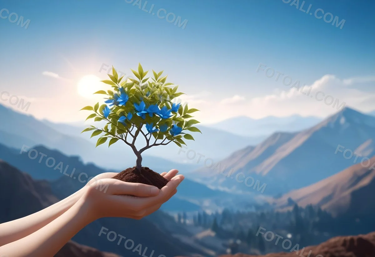 Light Skinned Hands Holding A Small Tree With Blue Leaves And Brown Soil Soft Focus Background With Mountains And Blue Sky 14 8cdc