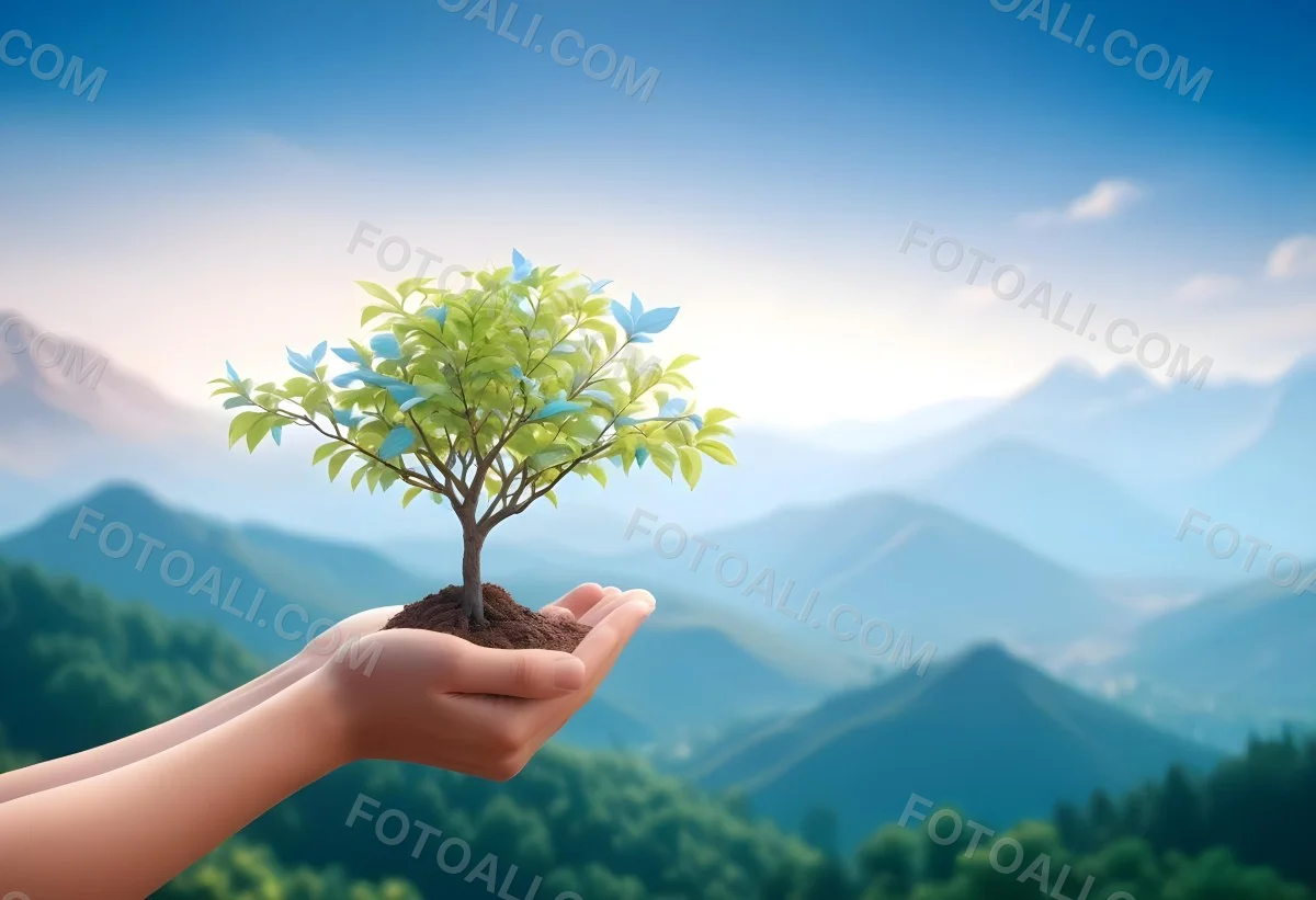 Light Skinned Hands Holding A Small Tree With Blue Leaves And Brown Soil Soft Focus Background With Mountains And Blue Sky 17 B767
