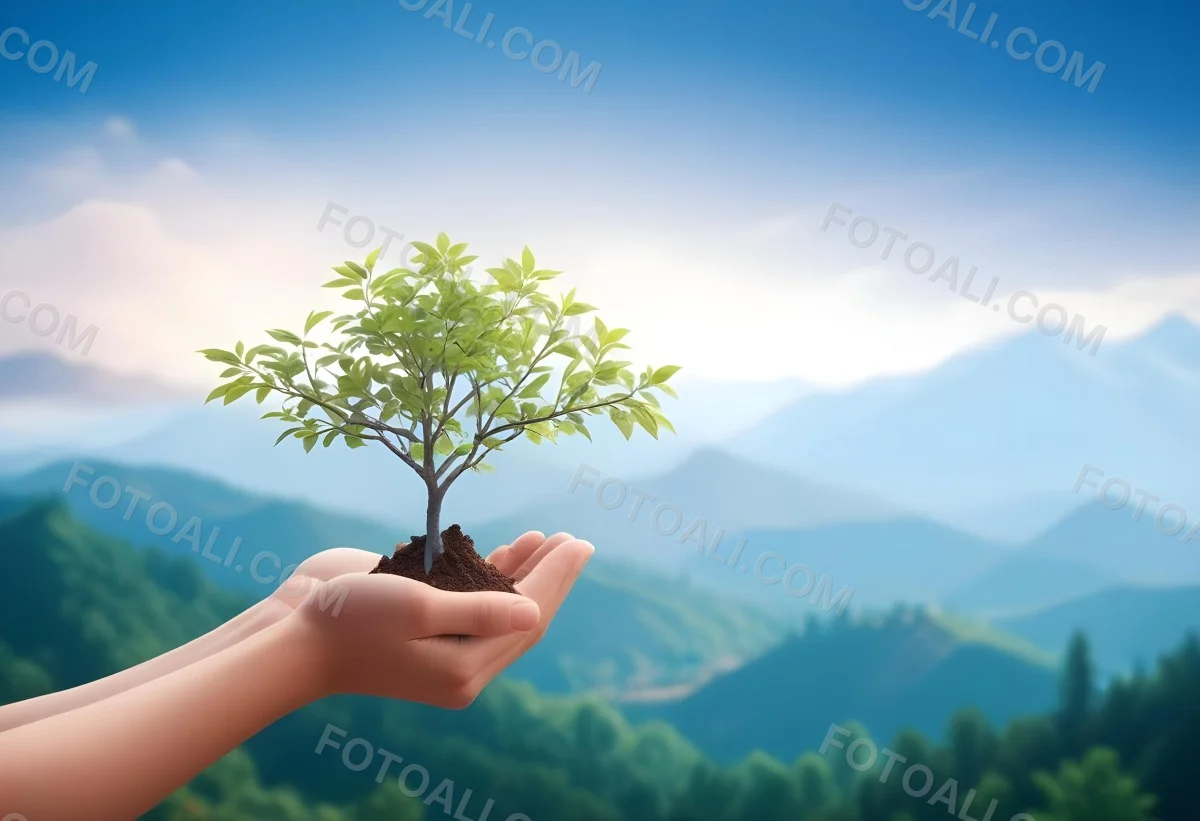 Light Skinned Hands Holding A Small Tree With Blue Leaves And Brown Soil Soft Focus Background With Mountains And Blue Sky 32 5493