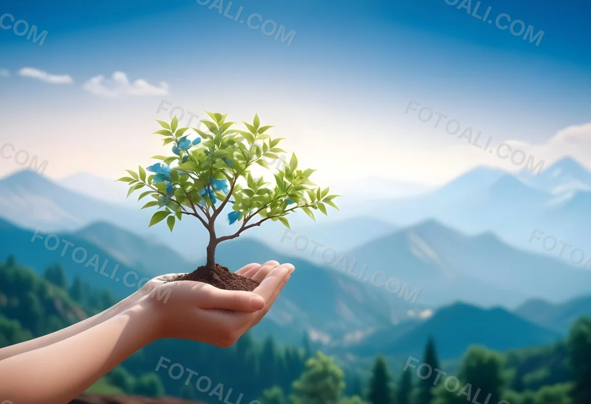 Light Skinned Hands Holding A Small Tree With Blue Leaves And Brown Soil Soft Focus Background With Mountains And Blue Sky 35 6cf8