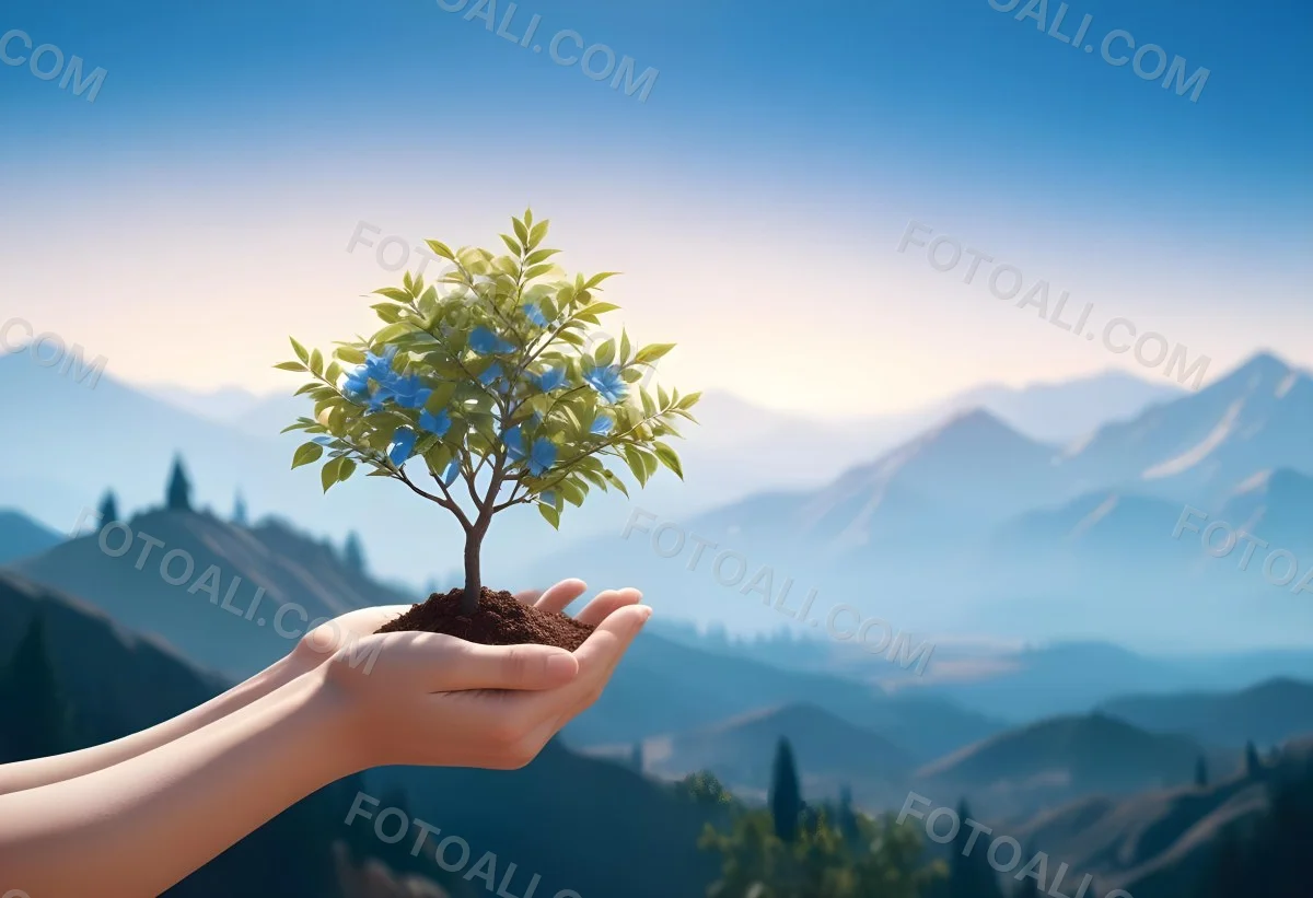 Light Skinned Hands Holding A Small Tree With Blue Leaves And Brown Soil Soft Focus Background With Mountains And Blue Sky 37 E42a