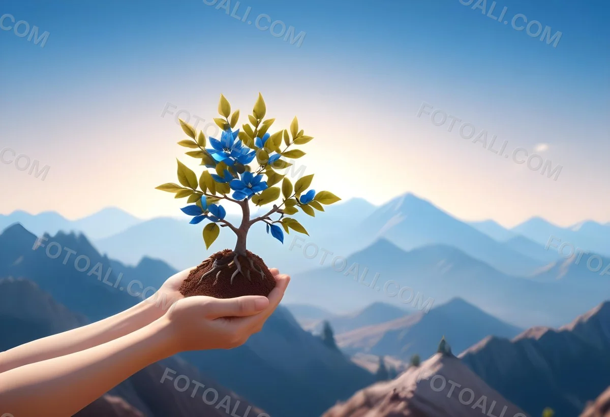Light Skinned Hands Holding A Small Tree With Blue Leaves And Brown Soil Soft Focus Background With Mountains And Blue Sky 39 Ddd1