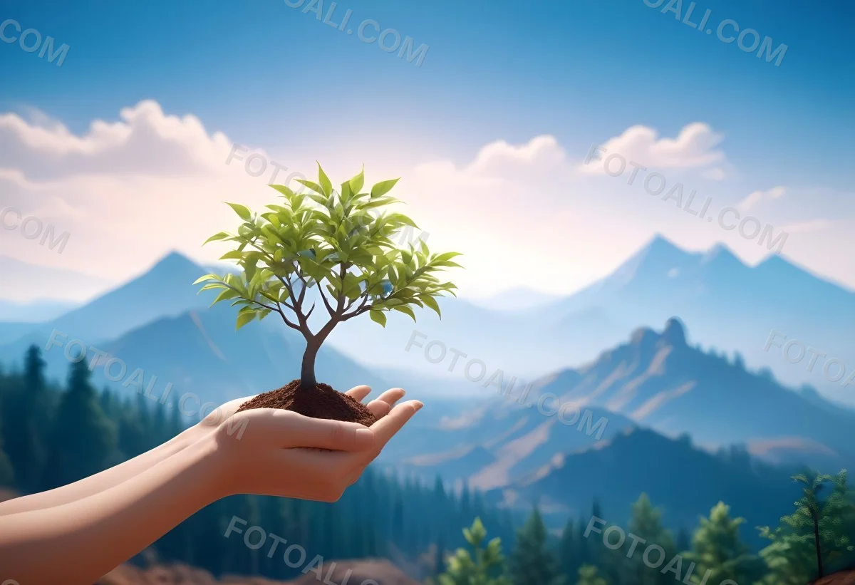 Light Skinned Hands Holding A Small Tree With Blue Leaves And Brown Soil Soft Focus Background With Mountains And Blue Sky 43 9810