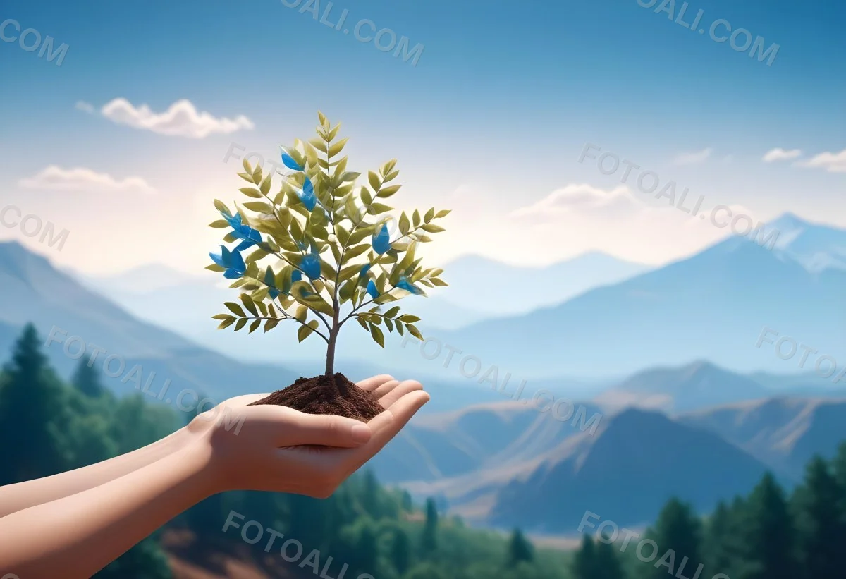 Light Skinned Hands Holding A Small Tree With Blue Leaves And Brown Soil Soft Focus Background With Mountains And Blue Sky 5 61db