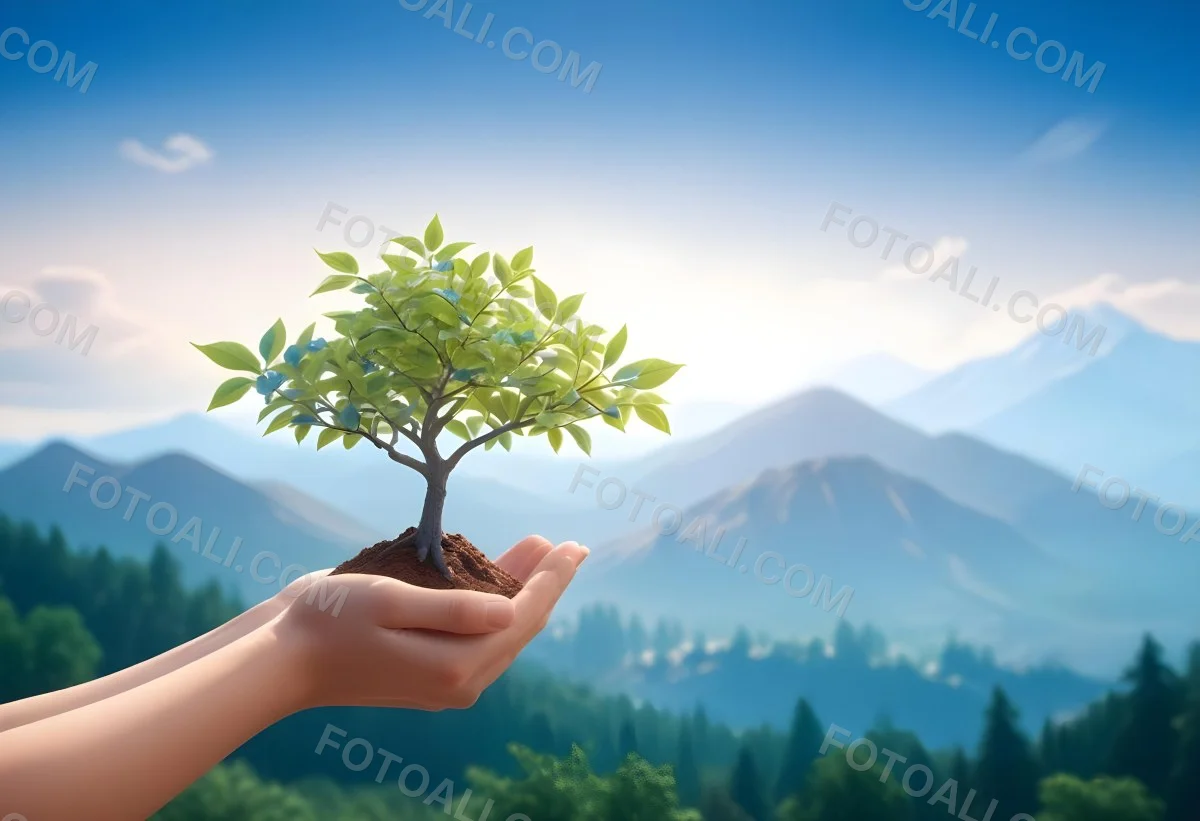Light Skinned Hands Holding A Small Tree With Blue Leaves And Brown Soil Soft Focus Background With Mountains And Blue Sky 51 C5f4