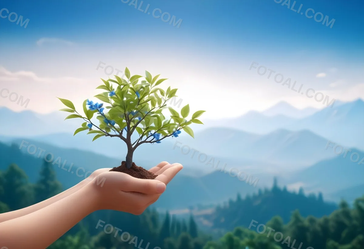 Light Skinned Hands Holding A Small Tree With Blue Leaves And Brown Soil Soft Focus Background With Mountains And Blue Sky 7 7e6c