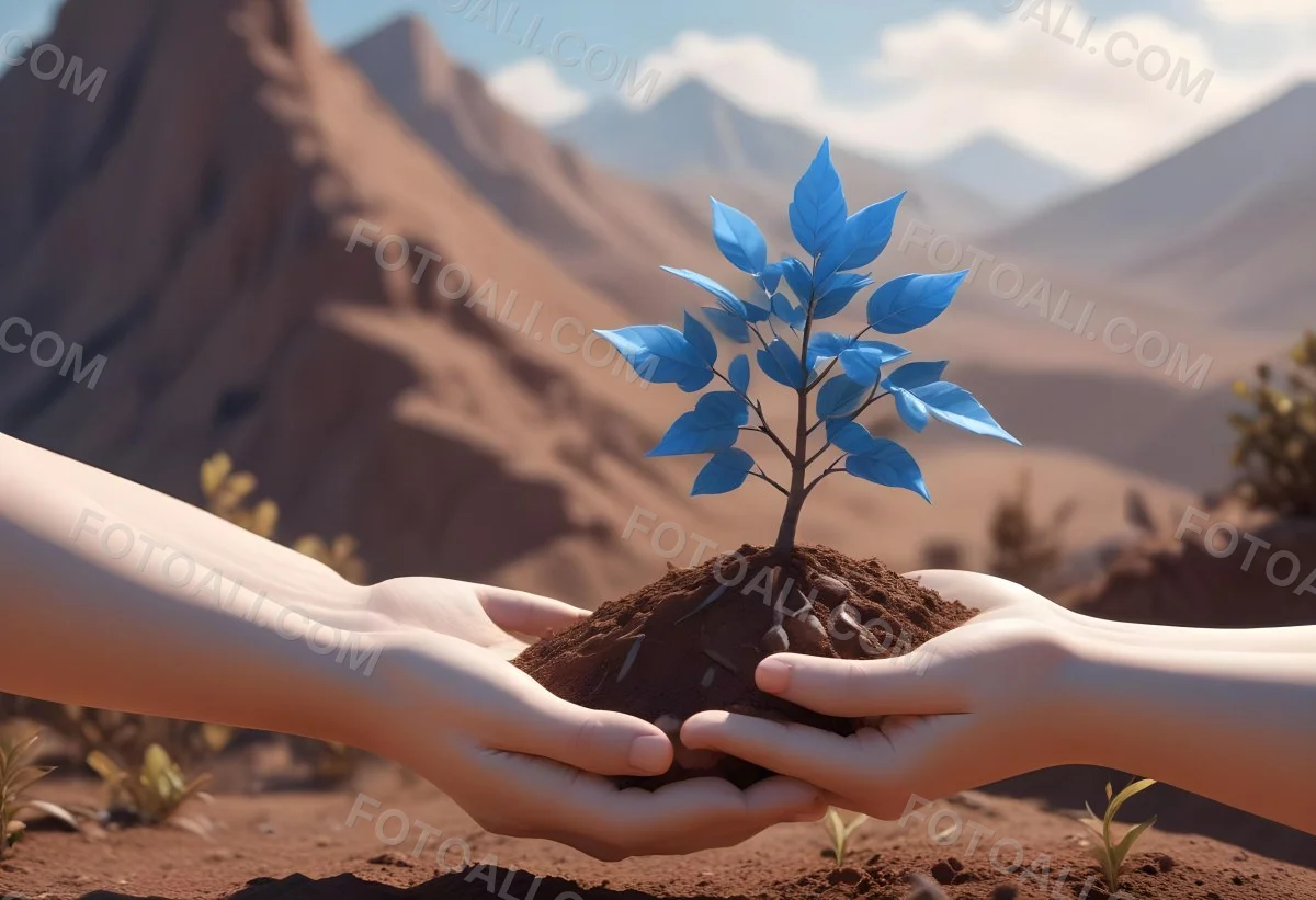 Light Skinned Hands Holding A Small Tree With Blue Leaves And Brown Soil Soft Focus Background With Mountains And Blue Sky 8 82f1