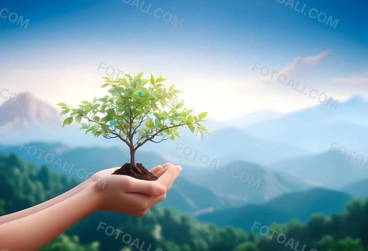 Light Skinned Hands Holding A Small Tree With Blue Leaves And Brown Soil Soft Focus Background With Mountains And Blue Sky 9 3555