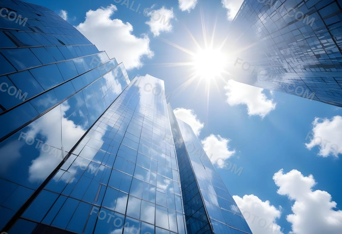 Low Angle Shot Of A Modern Glass Skyscraper Reflecting The Blue Sky And White Clouds Sun Shining Through The Clouds Creating A Bright And Airy Atmosphere 28 7321