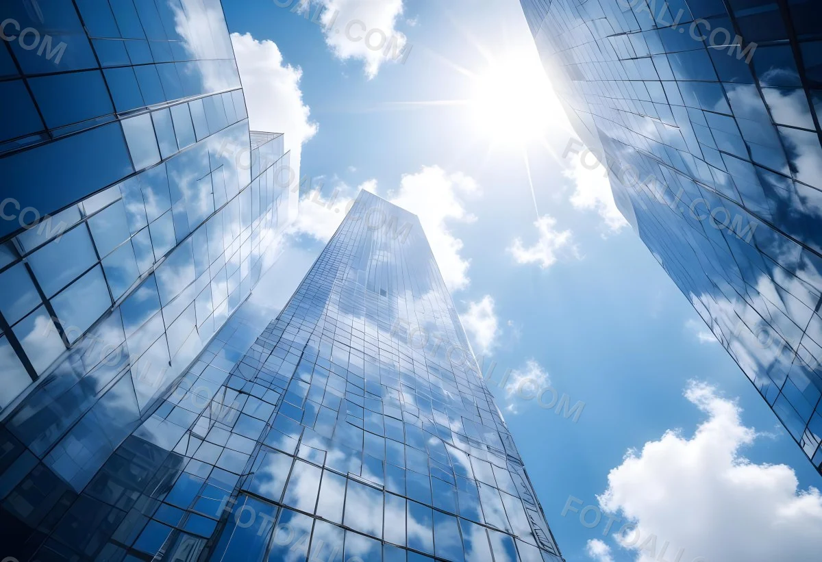 Low Angle Shot Of A Modern Glass Skyscraper Reflecting The Blue Sky And White Clouds Sun Shining Through The Clouds Creating A Bright And Airy Atmosphere 41 A771