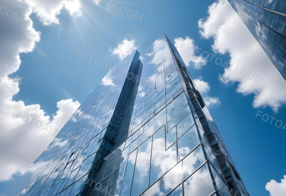 Low Angle Shot Of A Modern Glass Skyscraper Reflecting The Blue Sky And White Clouds Sun Shining Through The Clouds Creating A Bright And Airy Atmosphere 43 7f9e