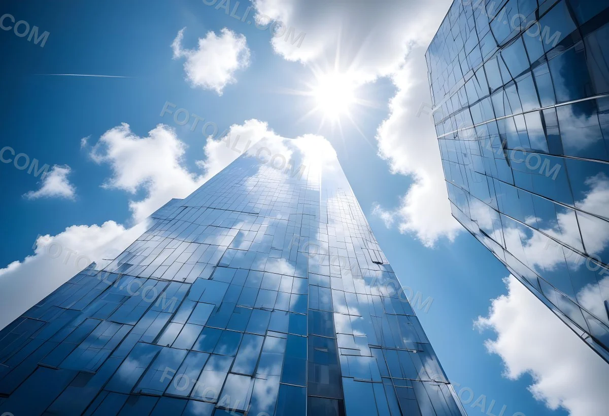 Low Angle Shot Of A Modern Glass Skyscraper Reflecting The Blue Sky And White Clouds Sun Shining Through The Clouds Creating A Bright And Airy Atmosphere 44 3d68